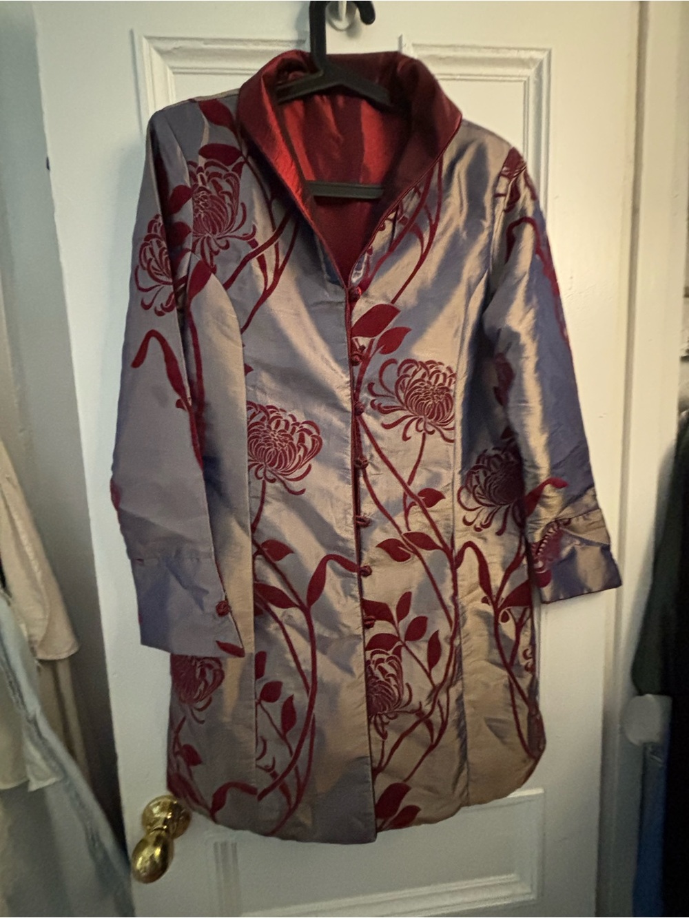 Gray Satin Trench Coat with Burgundy Floral Velvet Trim - Picture 3 of 7